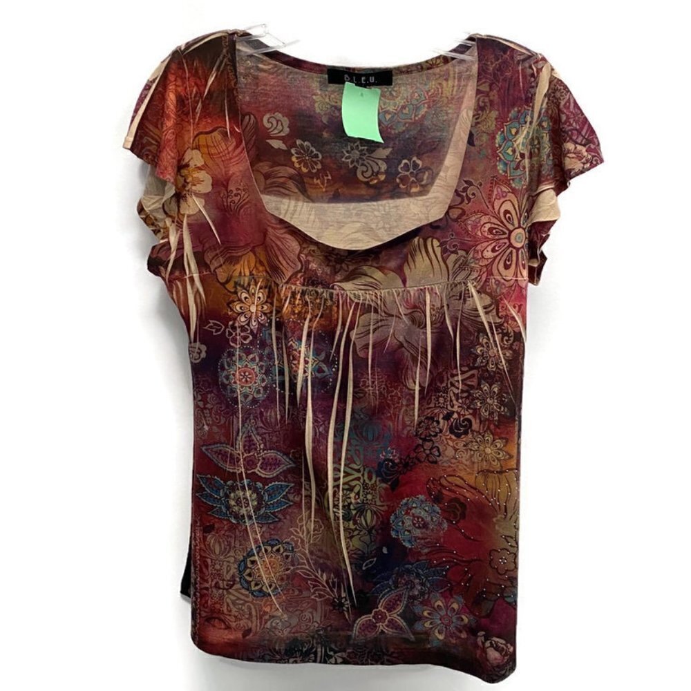 B.L.E.U. Burgundy Floral Cap Sleeve Shirt